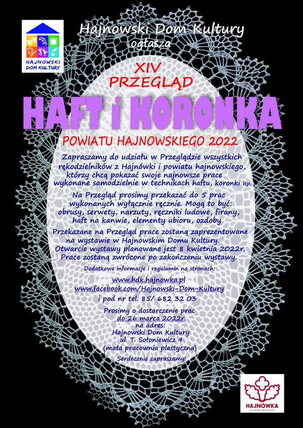 Czarno - biały plakat, na nim haftowana serweta i informacje o wydarzeniu
