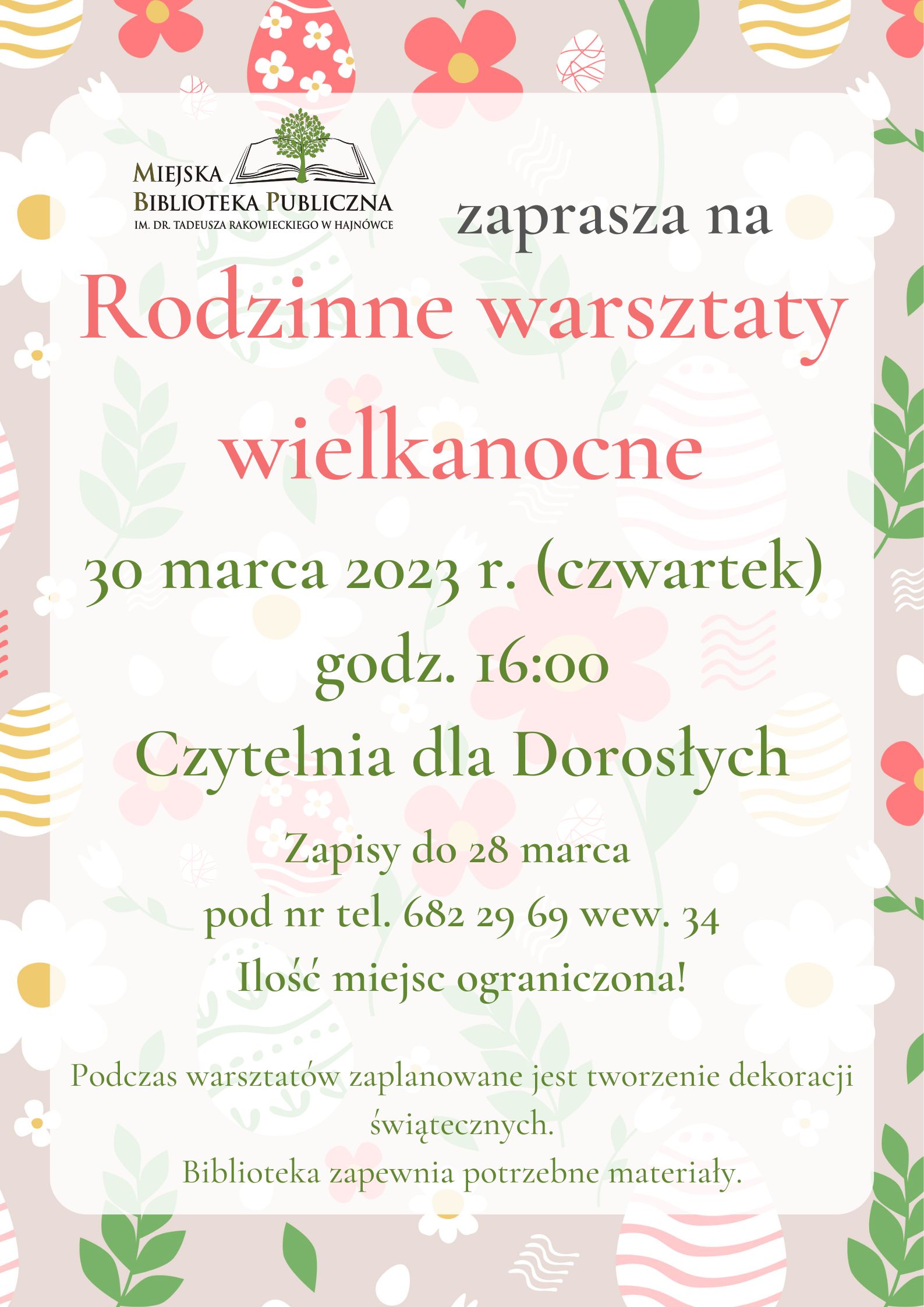 plakat zapraszający, informacje o wydarzeniu, w tle kolorowa grafika wielkanocna