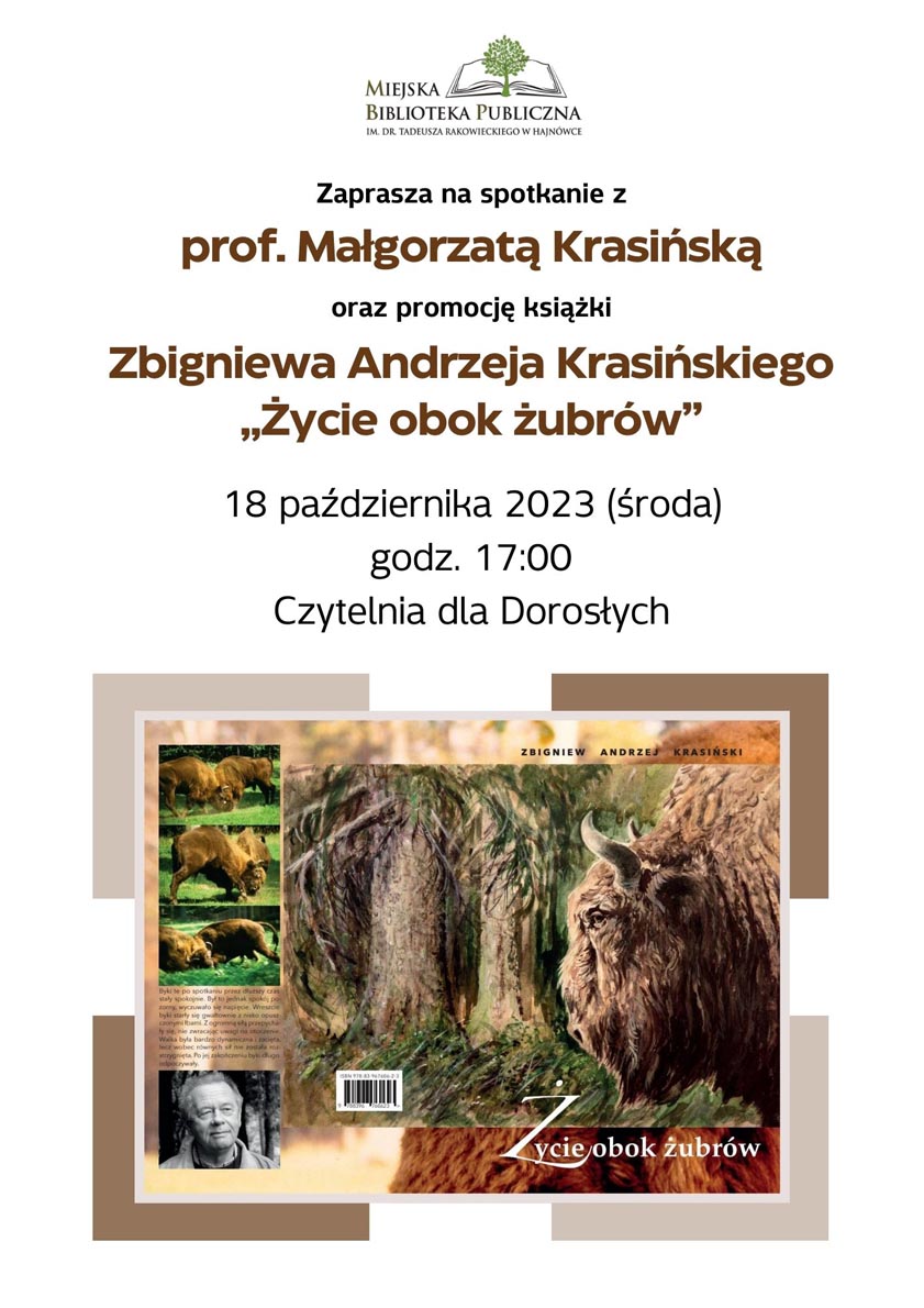 plakat zapraszający na wydarzenie Zdjęcia żubrów, logo organizatora oraz informacje o wydarzeniu