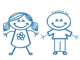 Na białym tle błekitny rysunek dwójki dzieci: chłopca i dziewczynki.