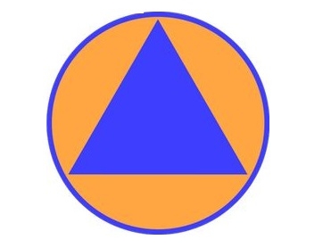 Logo przedstawia pomarańczowe koło z niebieska lamówką i niebieskim trójkątem równobocznym w środku.