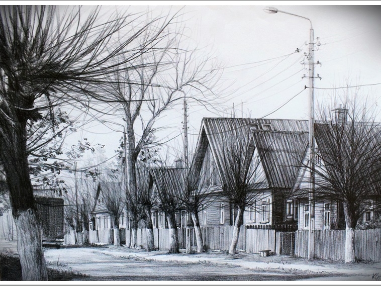 Zdjęcie przedstawia czarno-biały rysunek drewnianych chat, przed chatami stoi drewniany płot i bielone drzewa. Na drzewach nie ma liści.