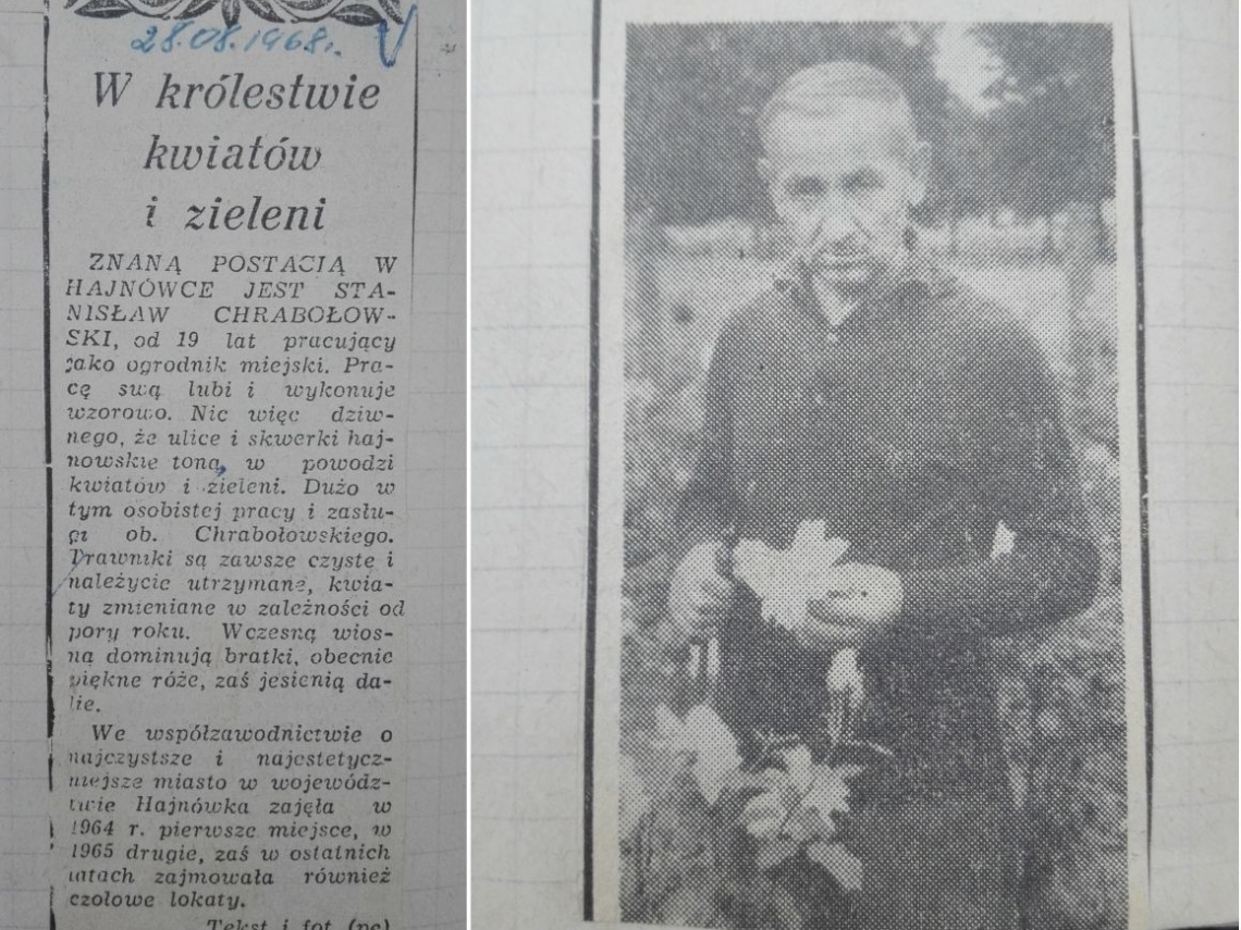 wycinek z lokalnej gazety; kolr czarno bialy; po lewej stronie kolumna z tekstem, po prawej zdjecie mężczyzny, ogrodnika trzymającego w ręku kwiaty 