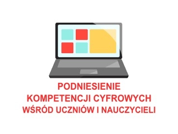 Grafika laptopa, na dole czerwony napis PODNIESIENIE KOMPETENCJI RÓS UCZNIÓW I NAUCZYCIELI