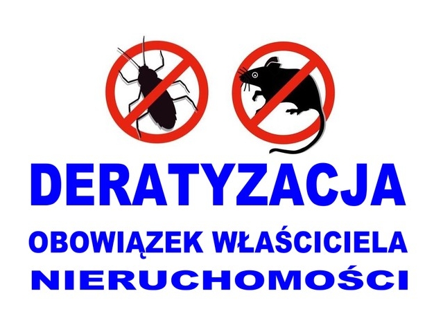 grafiki karalucha i szczura w czerwonych przekreślonych kołach oraz napis DERATYZACJA OWOBIĄZEK WŁAŚCICIELA NIERUCHOMOŚCI