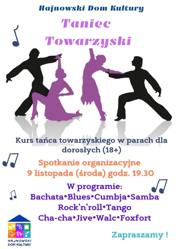 grafika tańczących par oraz informacje o wydarzeniu i logo organizatora