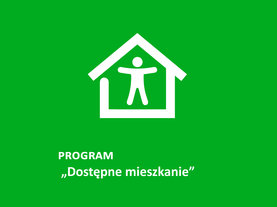 na zielonym tle biała grafika przedstawiająca dam a w nim człowiek, u dołu napis Program "Dostępne mieszkanie"