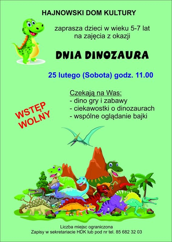zielony plakat z grafiką dinozaura oraz informacje o wydarzeniu 