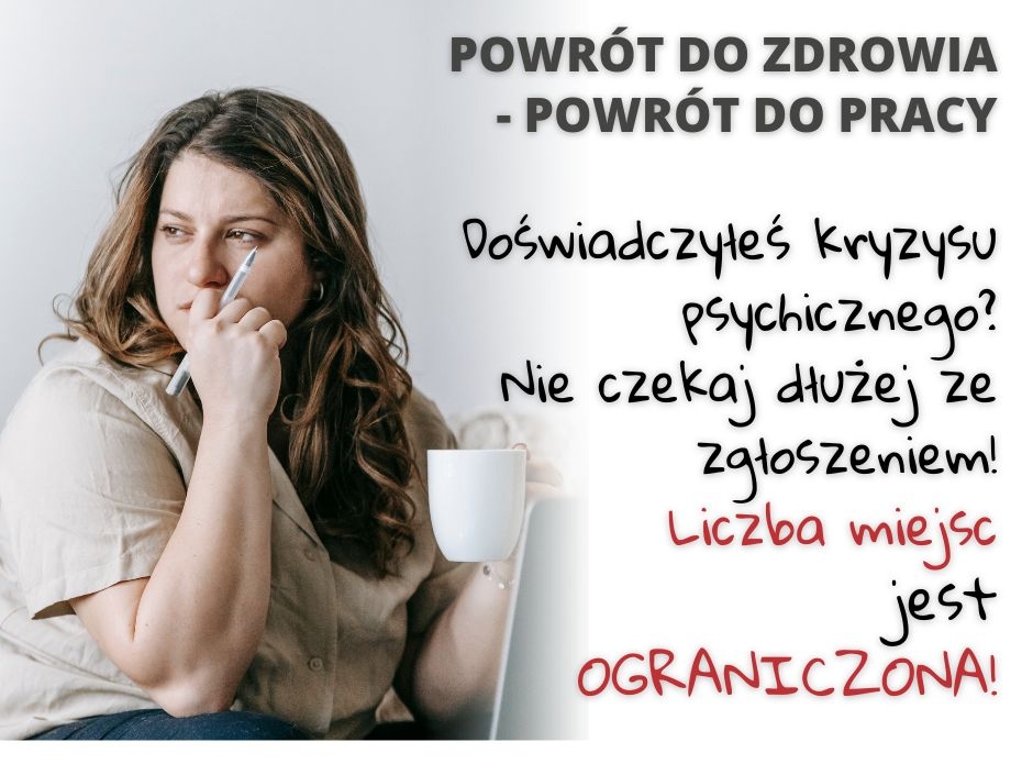 Po lewej stronie zdjęcie zmartwioej kobiety, po prawej informacje dotyczące projektu.