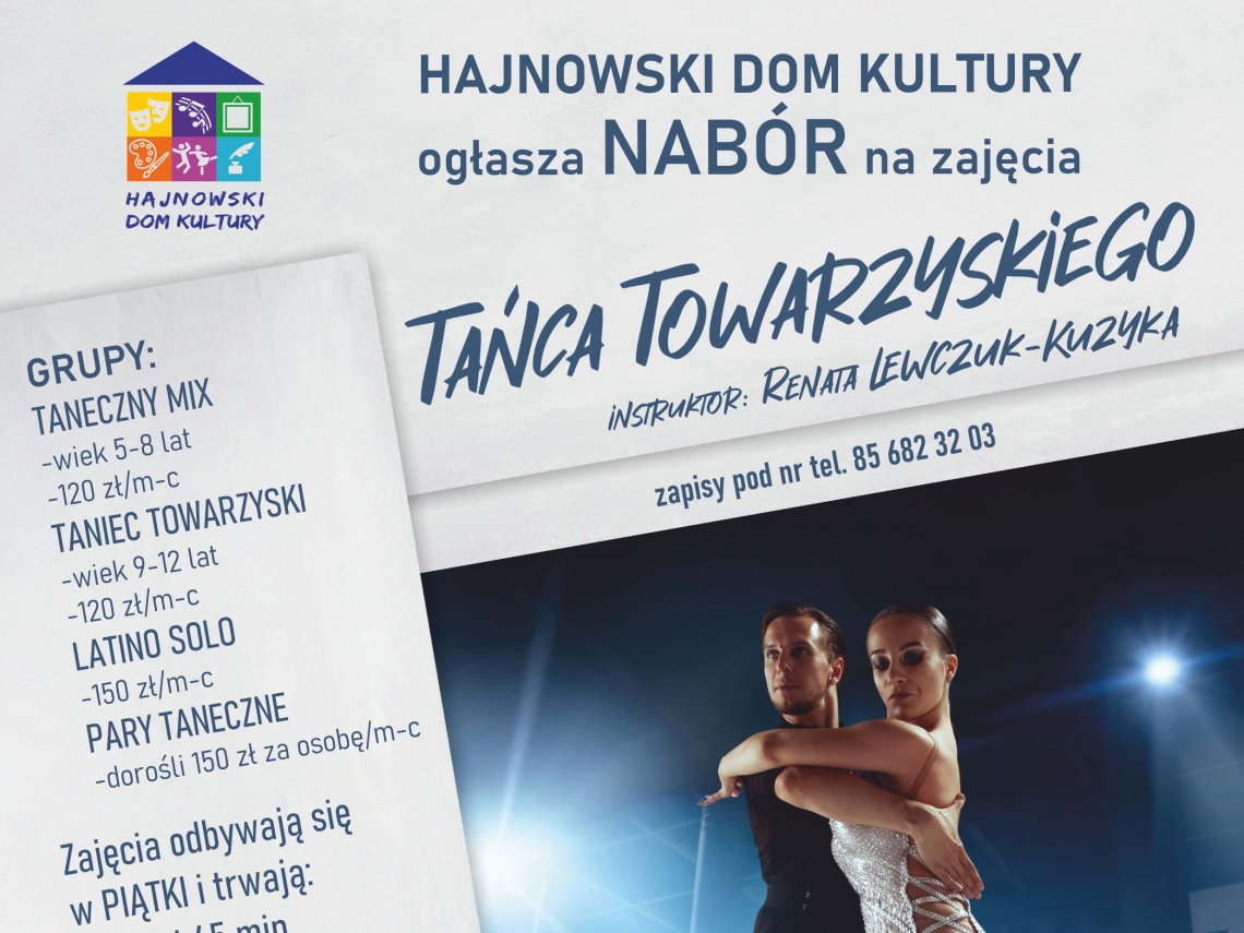 plakat, w centrum zdjęcie pary tańczącej taniec towarzyski, po lewej informacje o zajęciach