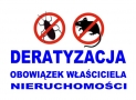 grafiki karalucha i szczura w czerwonych przekreślonych kołach oraz napis DERATYZACJA OWOBIĄZEK WŁAŚCICIELA NIERUCHOMOŚCI