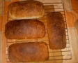 Na ruszcie leżą cztery świeżo upieczone bochenki chleba.