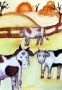 Praca plastyczna prezentująca trzy krowy, za nimi zachór słońca.