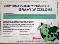 Na zdjęciu widoczny jest Certyfikat udziału w Ogólnopolskim Projekcie Ekologicznym "Gramy w zielone" 