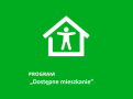 na zielonym tle biała grafika przedstawiająca dam a w nim człowiek, u dołu napis Program "Dostępne mieszkanie"