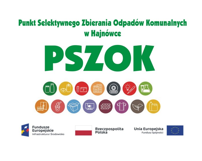 Na plakacie widnieje napis PSZOK Punkt Selektywnego Zbierania Odpadów. POniżej znajdują się obrazki przedstawiające rodzaje odpadów oraz zestaw znaków projektu, z którego przyznano dotację.