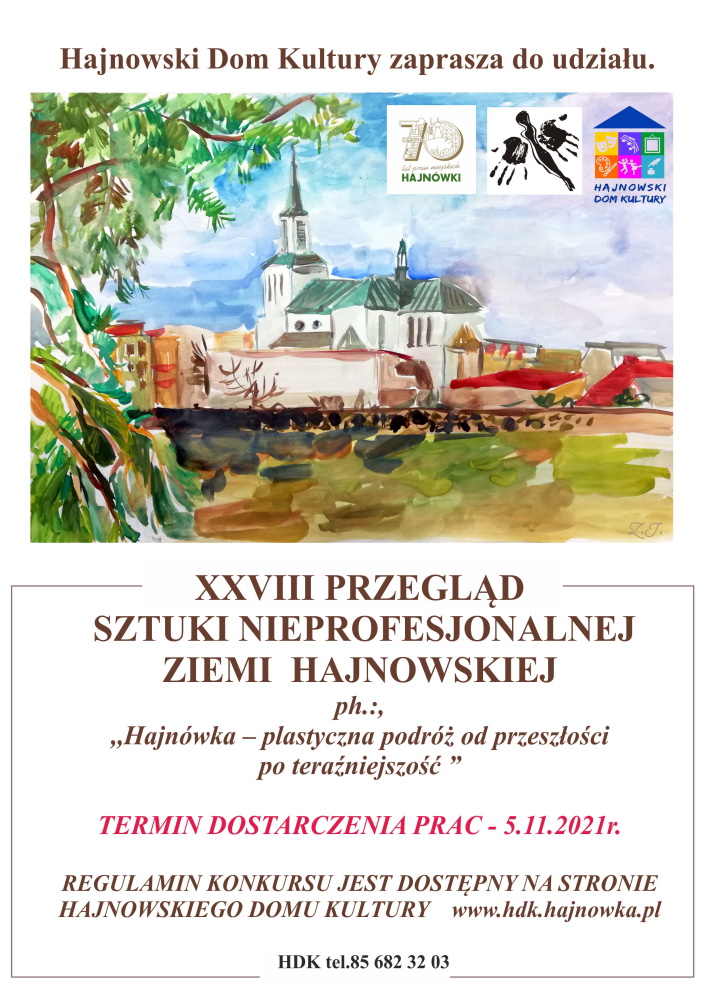 Obraz kościoła namalowany farbami, w górnym prawym rogu trzy loga.