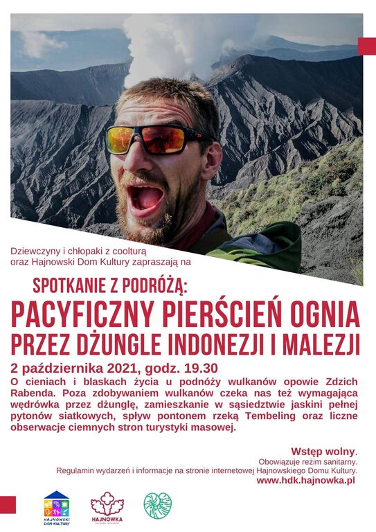 plakat wydarzenia; w górze zdjęcie, twarz mężczyzny w tle dymiący wulkan