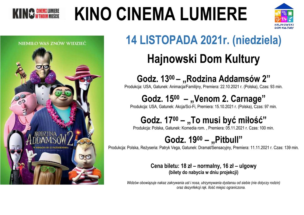 Plakat zapraszający na seanse filmowe plakat z filmu Rodziny Addamsów, po prawej stronie podane tytuły filmów oraz godziny emisji.