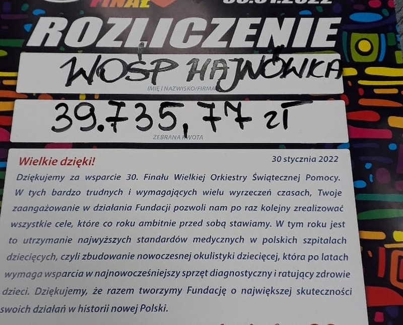 Dyplom z wpisaną kwotą zbiórki