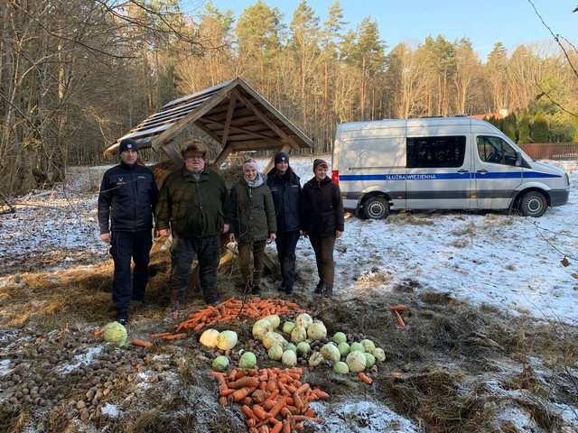Przy paśniku stoją przedstawiciele Aresztu Śledczego i Nadlesnictwa Hajnówka. W tle widać Puszczę Białowieską.
