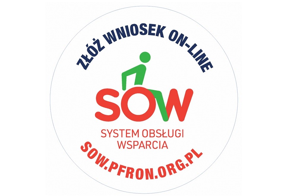 W kształcie okręgu widnieją napisy ZŁÓŻ WNIOSEK ON-LINE oraz napis SOW 