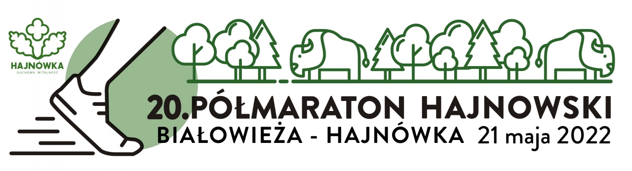 baner wydarzenia; grafika prezentują od lewej biegnącą stopę, obok niej drzewa wśr&oacute;d kt&oacute;rych stoją zybry; niżej napis 20. P&oacute;łaraton Hajnowski Białowieża - Hajn&oacute;wka 21 maja 2022