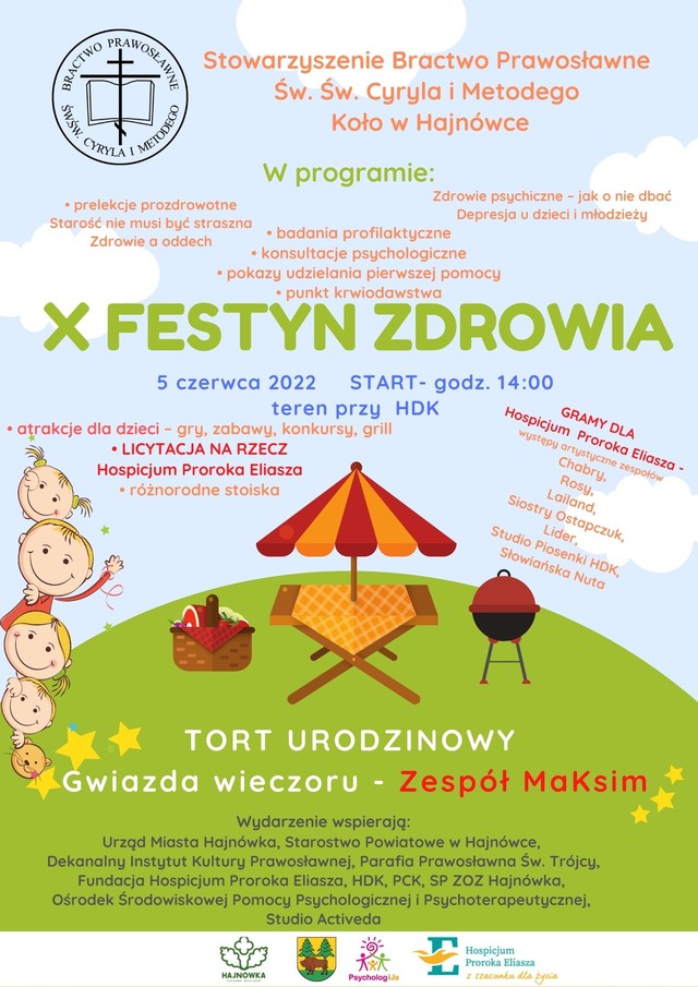Plakat zapraszający na wydarzenie kolorowy plakat - loga organizatorów oraz skrócony program