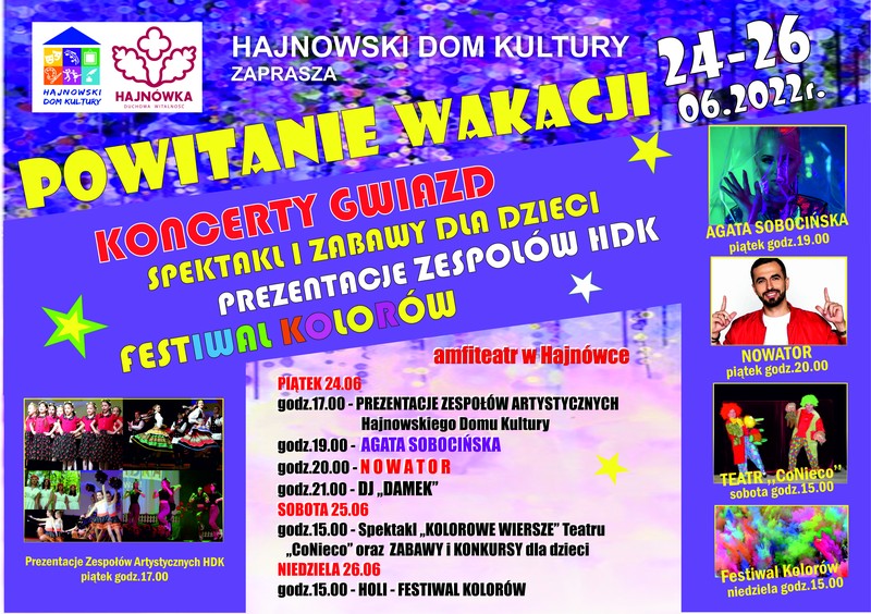 Powitanie wakacji Plakat ze zdjeciami wykonawców, informacjami o wydarzeniu i logo organizatorów