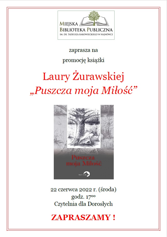 Plakat zapraszający na wydarzenie na białym plakacie znajduje się zdjecie okładki książki, logo organizatora i skrótowe informacje o wydarzeniu