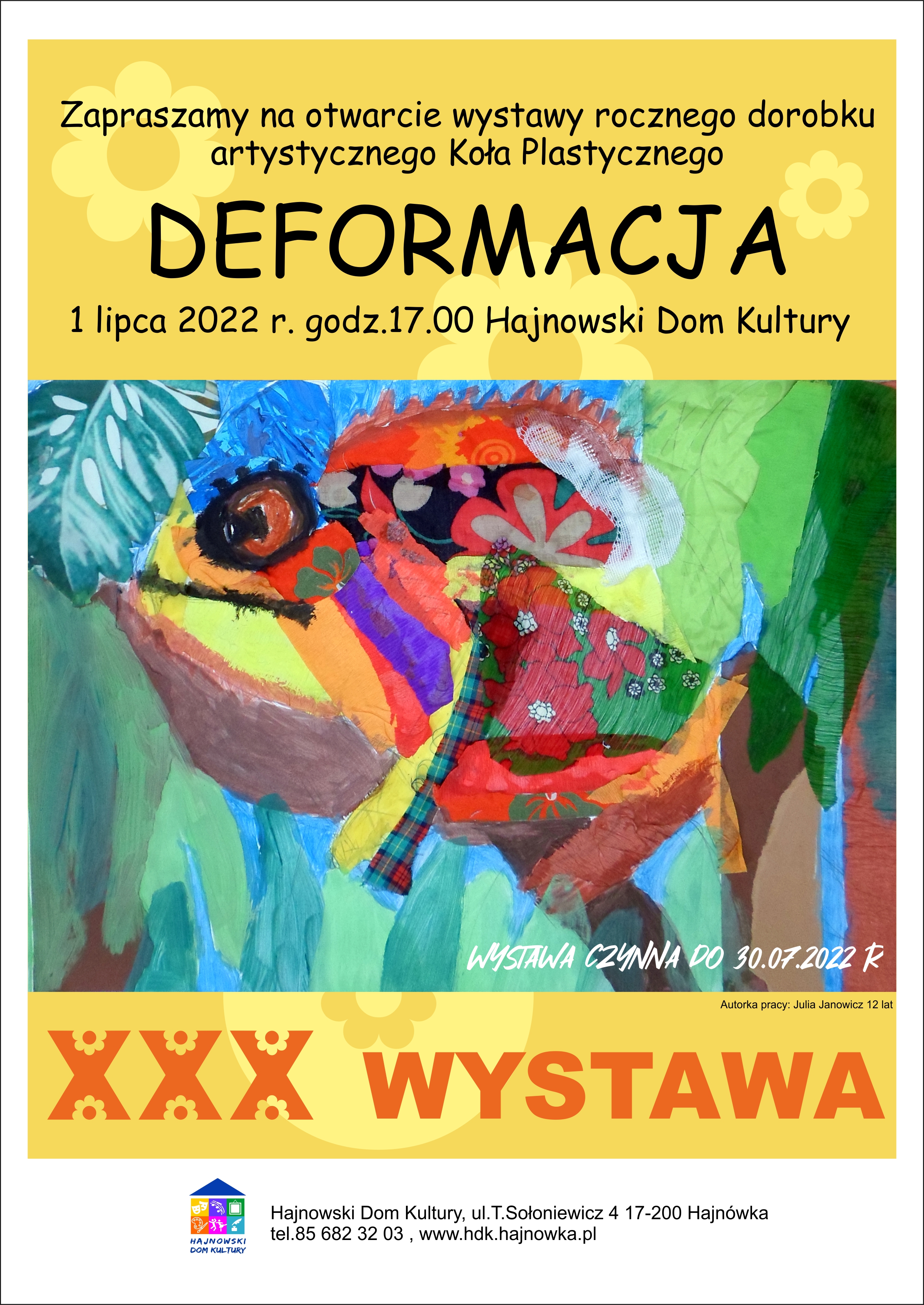 Plakat zapraszający na wydarzenie Praca plastyczna, informacje o wydarzeniu i logo organizatora