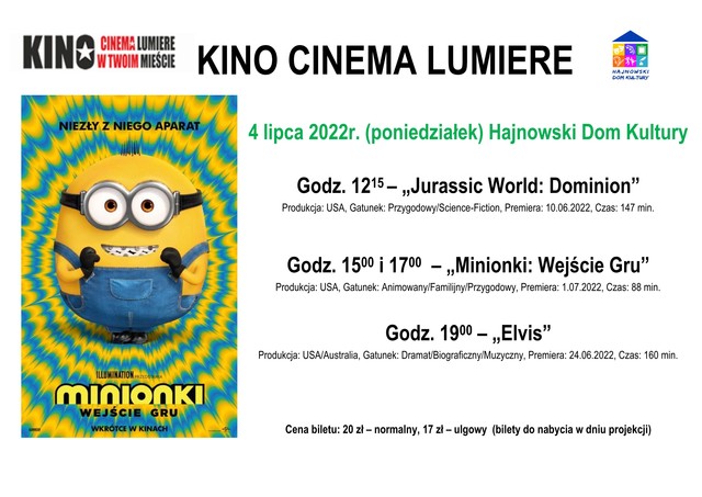 Plakat zapraszający na wydarzenie plakat i fadrem z filmu Minionki