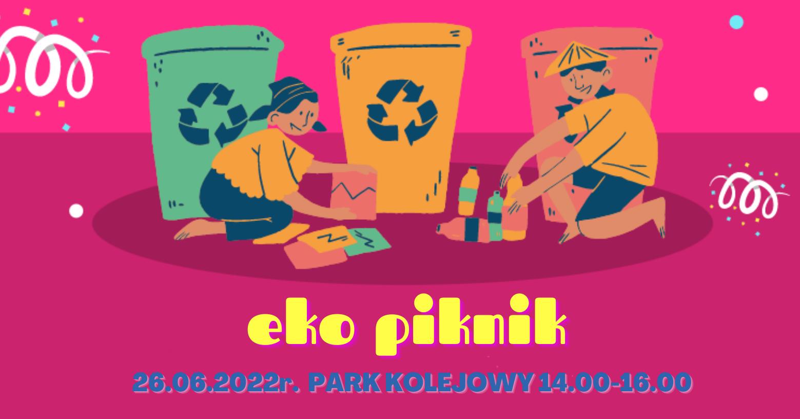 na różowy tle dwie osoby segregujące śmieci, obok nich stoją trzy kontenery na śmieci w kolorze zielonym, żółtym i pomarańczowym