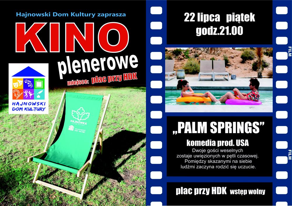 Plakat zapraszający na wydarzenie Na plakacie znajduje się zielony leżak oraz logo HDK i informacje o wydarzeniu i kadr z filmu