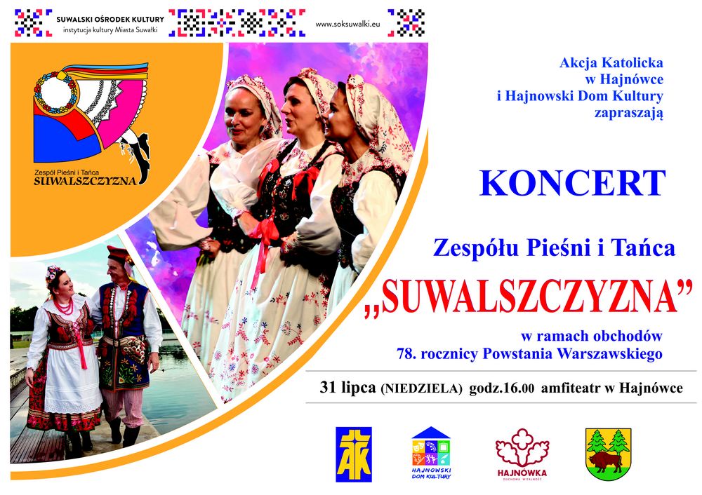 Plakat zapraszający na wydarzenie Zdjęcia wykonawców w ludowych strojach oraz loga organizatorów i informacje o wydarzeniu