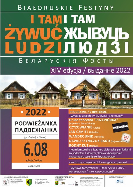 Plakat zapraszający na wydarzenie na zdjęciu wiejskie chaty oraz logo organizatora i informacje o wydarzeniu