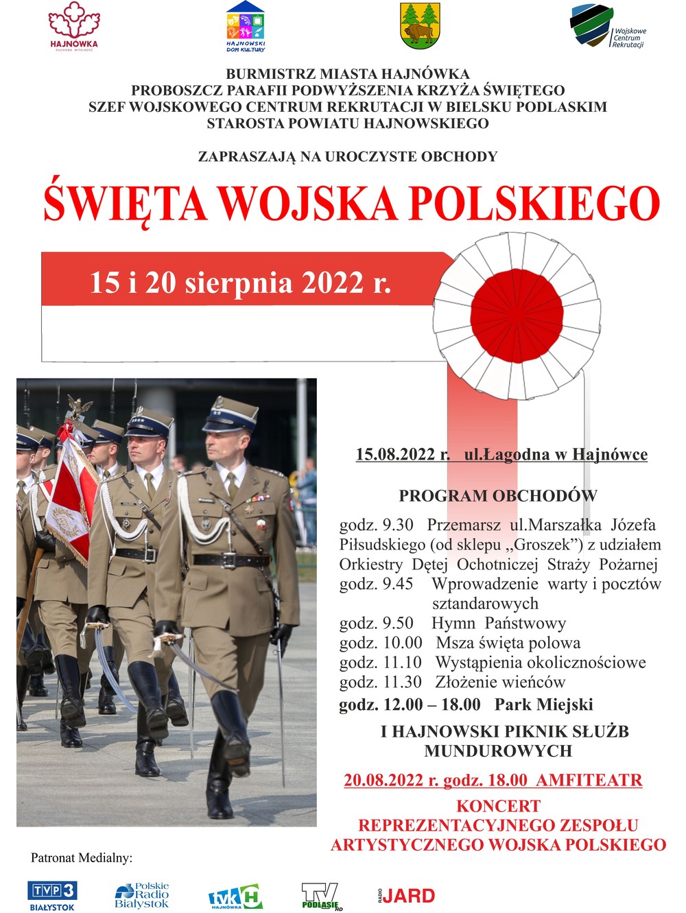 Plakat zapraszający na wydarzenie Na zdjęciu maszeruje wojsko. Plakat w barwach narodowych. Informacje o wydarzeniu oraz loga organizatorów.
