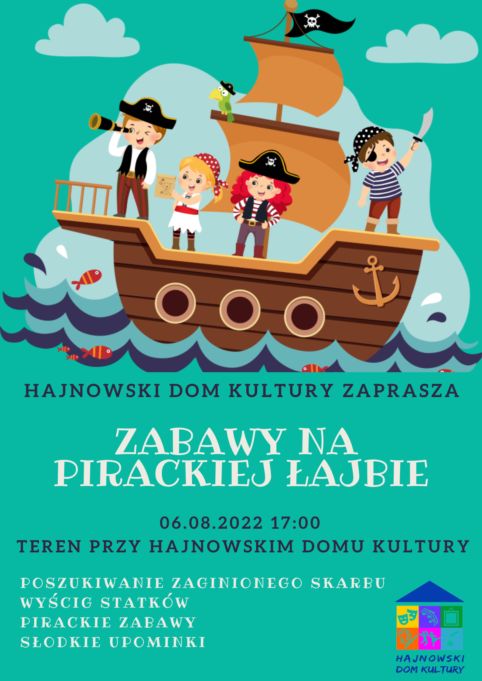 Plakat zapraszający na wydarzenie Plakat z grafiką pirtatów statku