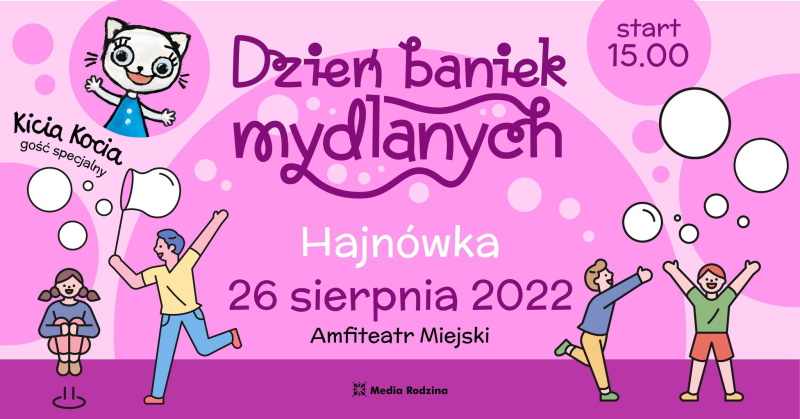 Na różowym tle rysunek przedstawiający Kicię Kocię i dzieci.