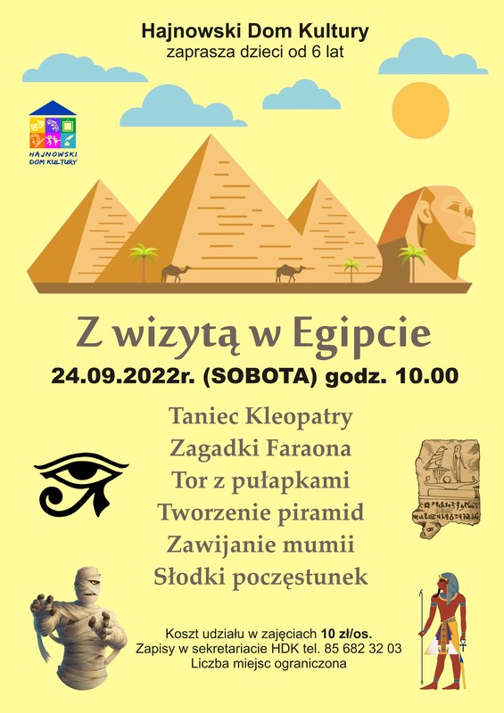 plakat Grafika egipskich motywów oraz logo organizatorów i i nformacje o wydarzeniu