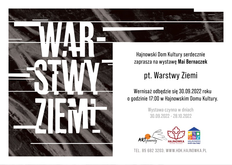 Plakat zapraszający na wydarzenie Grafika w kolorystyce czarnobiałej oraz kolorowe loga organizatorów i infprmacje o wernisażu