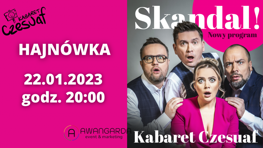 Plakat zapraszający na wydarzenie twarze czterech zdziwionych osób oraz informacje o wydarzeniu na różowym tle i napis SKANDAL