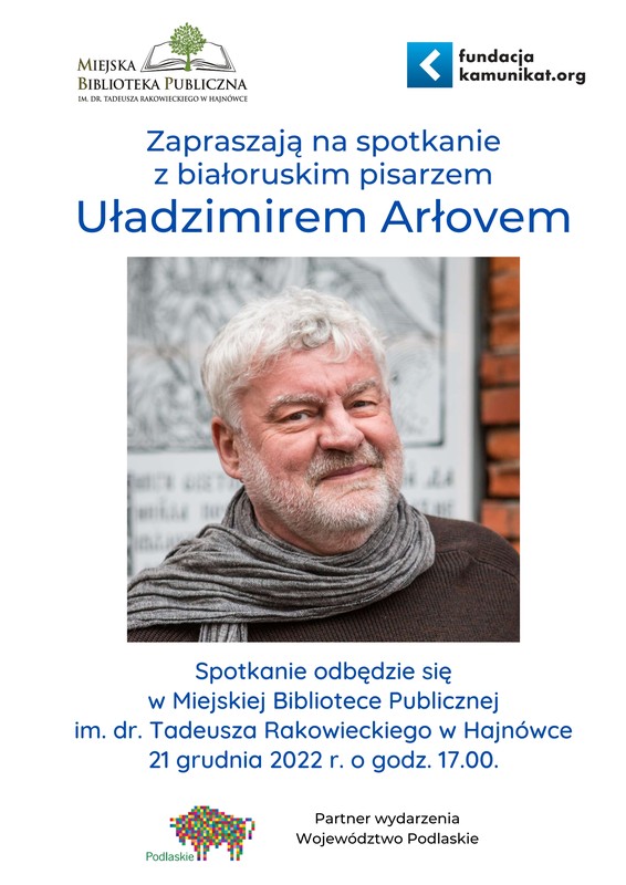 Plakat zapraszający na spotkanie portret mężczyzny ora loga organizatorów i informacje o wydarzeniu