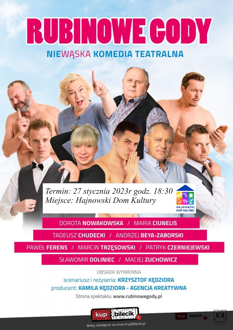 Plakat zapraszający na wydarzenie zdjęcia portretowe aktorów i informacje o wydarzeniu