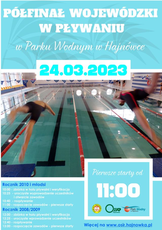 Plakat zapraszający na wydarzenie zdjęcie pływalni oraz informacje o turnieju