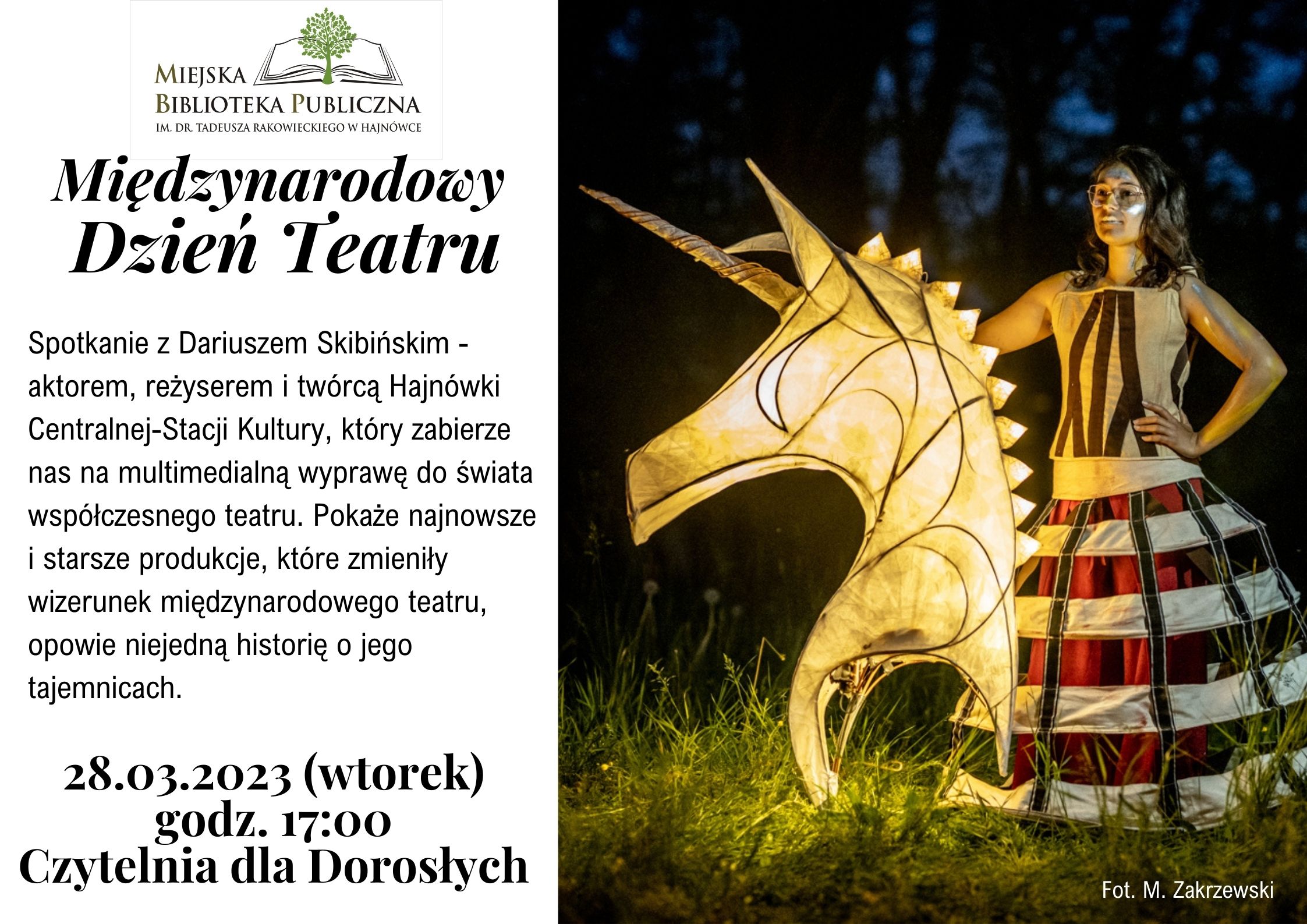 Plakat zapraszający na wydarzenie zdjęcie z przedstawienia oraz informacje o wydarzeniu