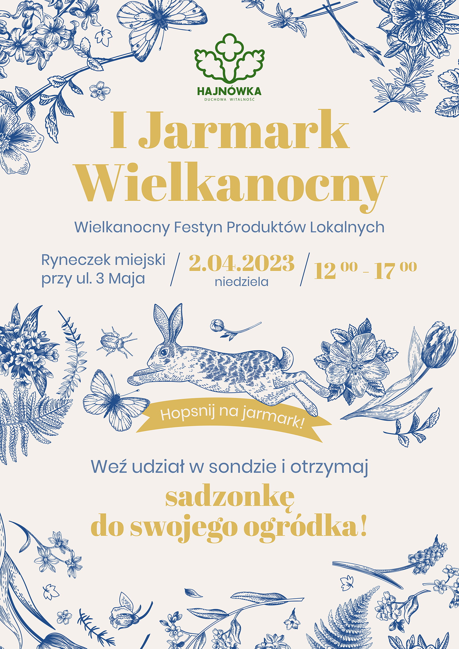 plakat wydarzenia, na beżowym tle granatowa grafika wielkanocna i żółto-granatowe napisy