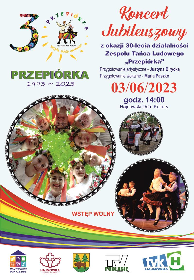 Plakat zapraszający na wydarzenie zdjęcia zespłu, loga organizatorów i informacje o wydarzeniu