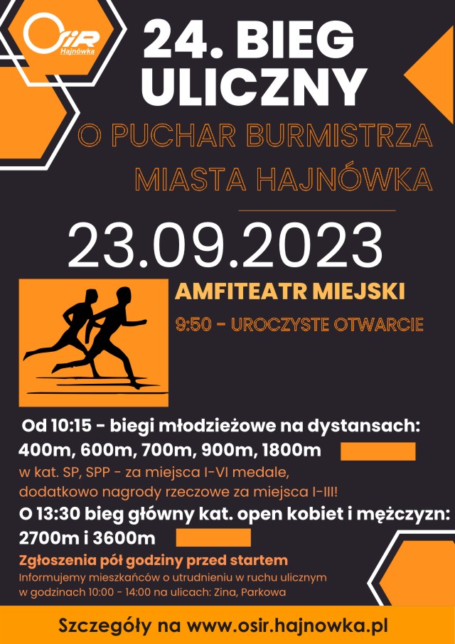Plakat zapraszający na wydarzenie grafika biegaczy oraz loga organizatorów i informacje o wydarzeniu