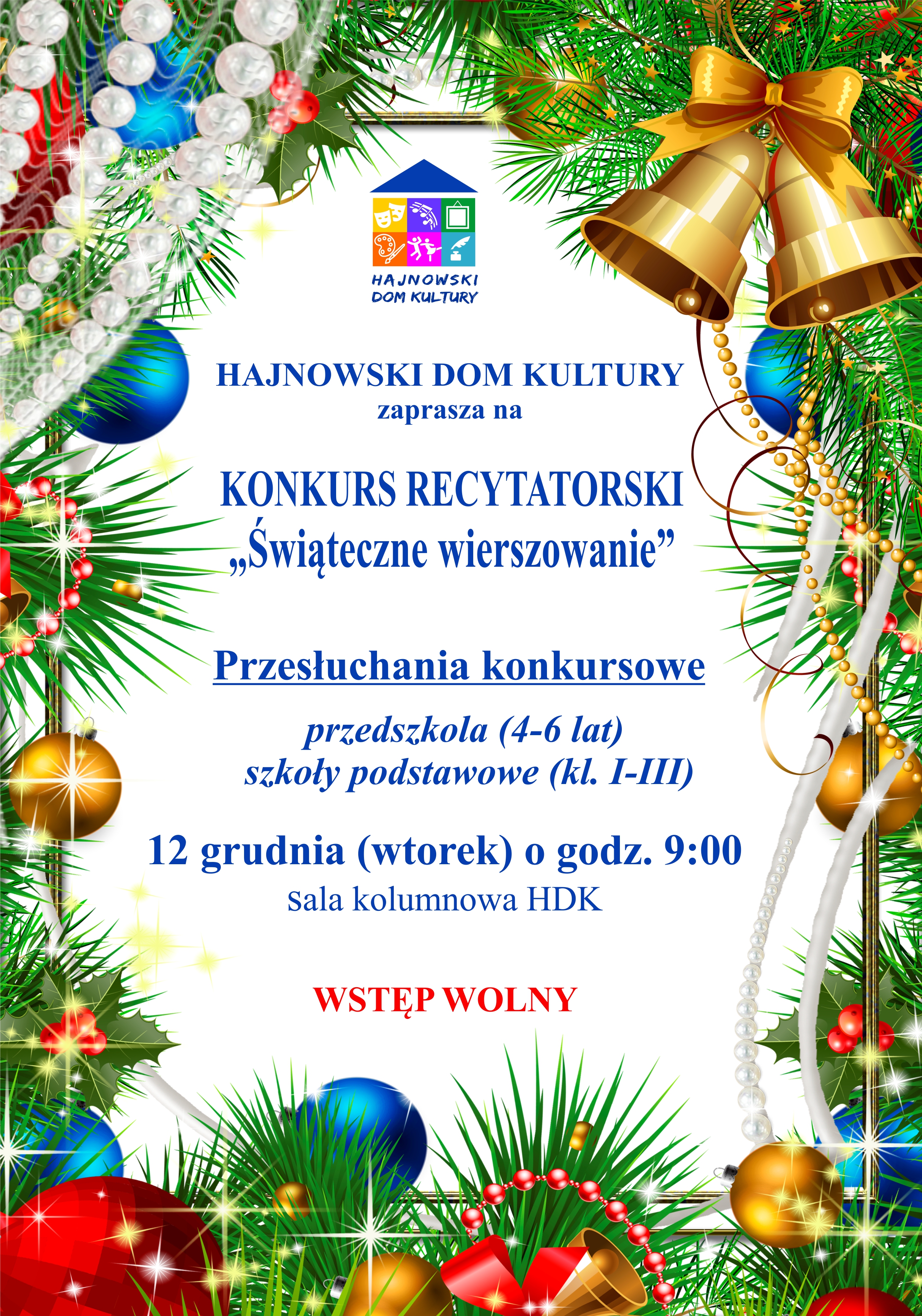 plakat zapraszający na wydarzenie grafika świąteczna oraz informacje o wydarzeniu i logo organizatorów